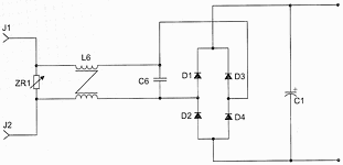 Figure 3. Overvoltages and transients are safely suppressed by an input filter consisting of a varistor, current-compensated choke and film capacitor